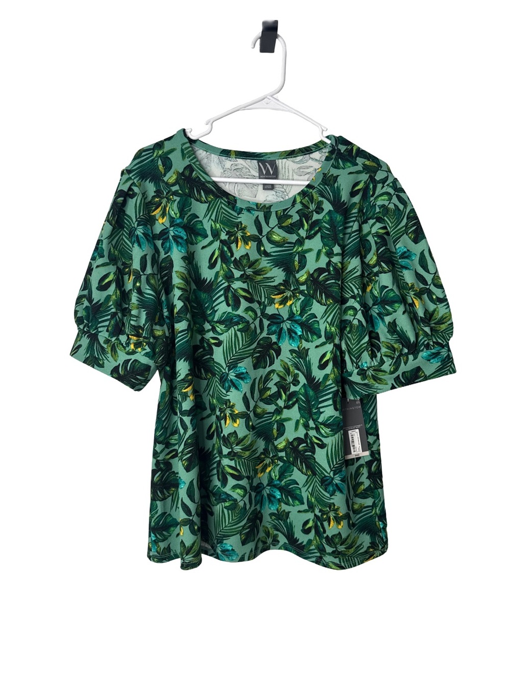 WORTHINGTON NWT Green Tropical Leaf  Blouse Palm Top Puff Sleeve Beach Vacation